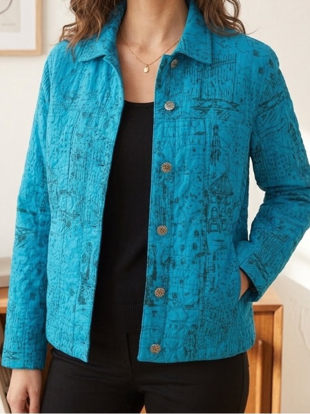 Chico's Jacket Teal Blue Black Applique Scenic Graphic Print Cotton 2 pockets Lg